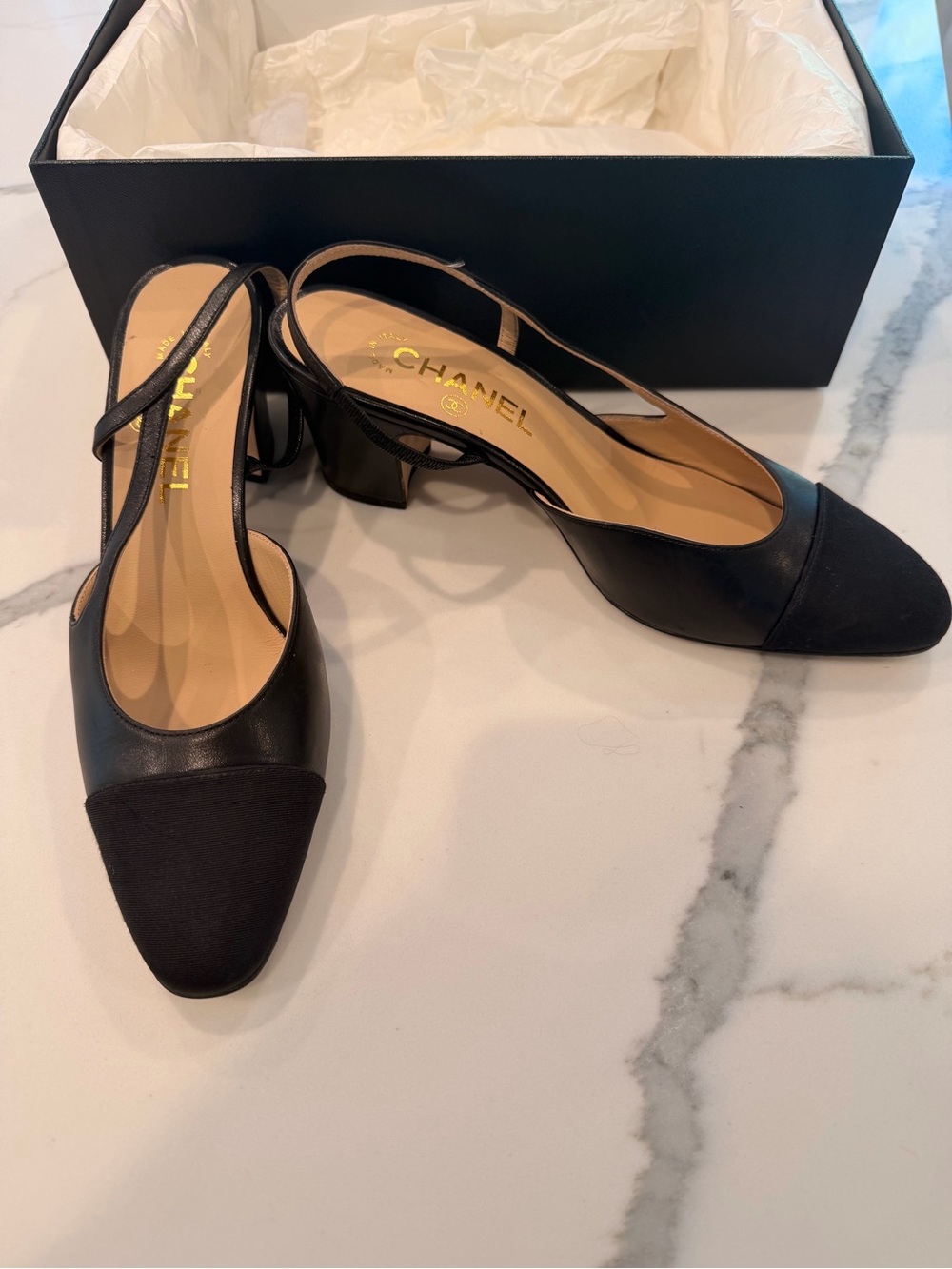 CHANEL Black Leather and Fabric Slingback Low Block Heel Pumps